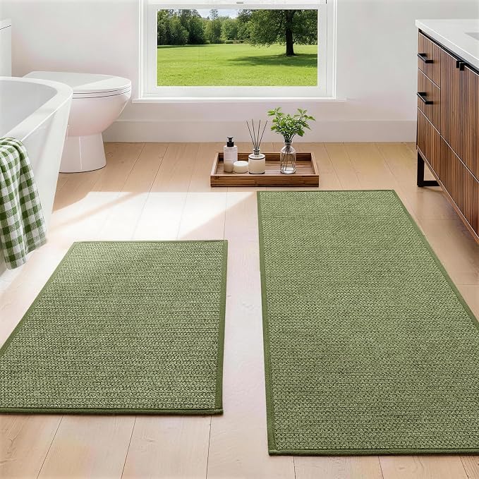 YIHOUSE Green Bathroom Rugs Sets 2 Piece, Quick Dry Thin Bath Mat, Non Slip Absorbent Machine Washable, Bath Runner Rug for Bathtub Sink Home Decor (17"x24" + 17"x47")