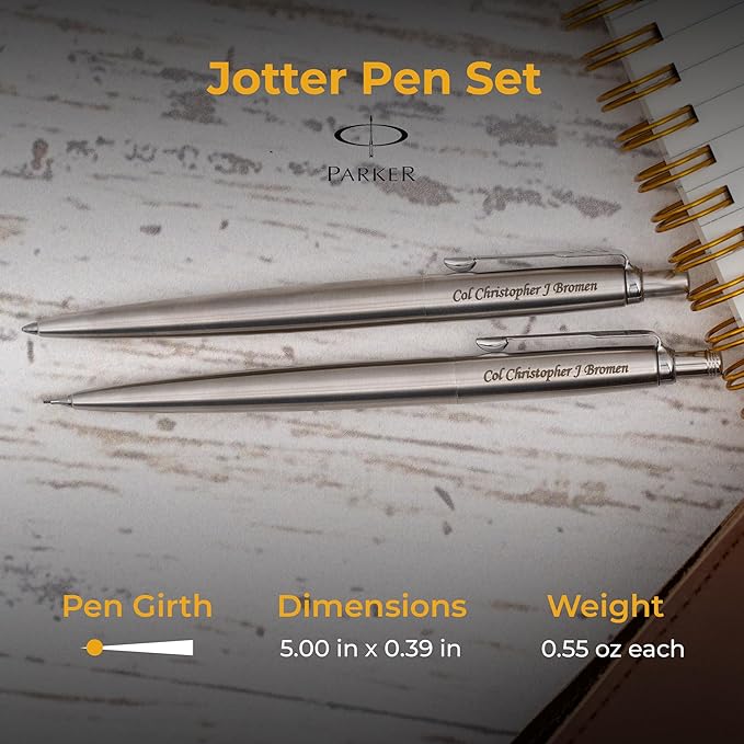 Parker Jotter Ballpoint Pen and Pencil Set, Stainless Steel with Arrow Clip, Custom Engraved — Graduation, Promotion, or Engineer and Architect Gift