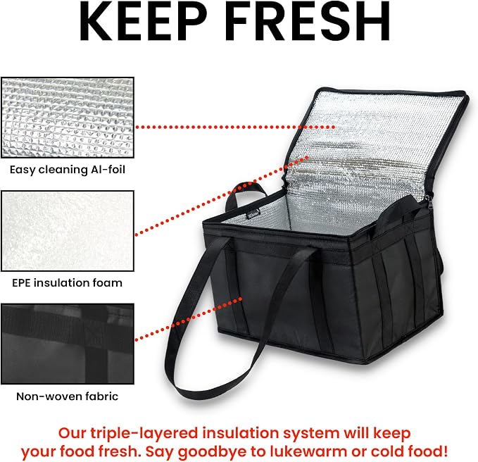 NZ home Insulated Food Bag, Portable Cooler Tote (Large, Black, 2 Pack) | Thermal bag, For cold and hot food, Soft sided cooler, Heavy duty 6-layered tote, Grocery shopping, Beach or travel bag