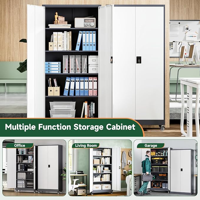 Metal Garage Storage Cabinets with Lock Door and Adjustable Shelves, Steel Tool Cabinets for Home,Office,Warehouse Organisieren (Grey White, 75" H)