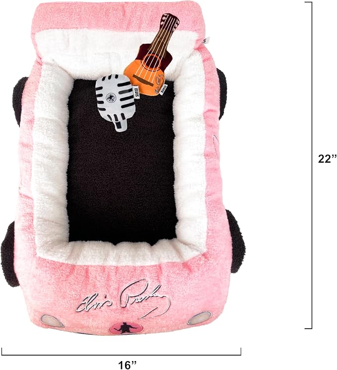Megatoys Elvis Plush Car Pet Bed – Pink Pet Bed with Musical-Design Pillows and Elegant Car Styling