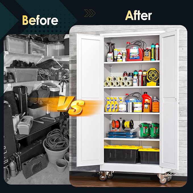 PAOFIN 71''H Tall Metal Garage Storage Cabinet with Wheels,Steel File Cabinets with 2 Doors and 4 Adjustable Shelves for Home Office, Warehouse, Required Assembly,White