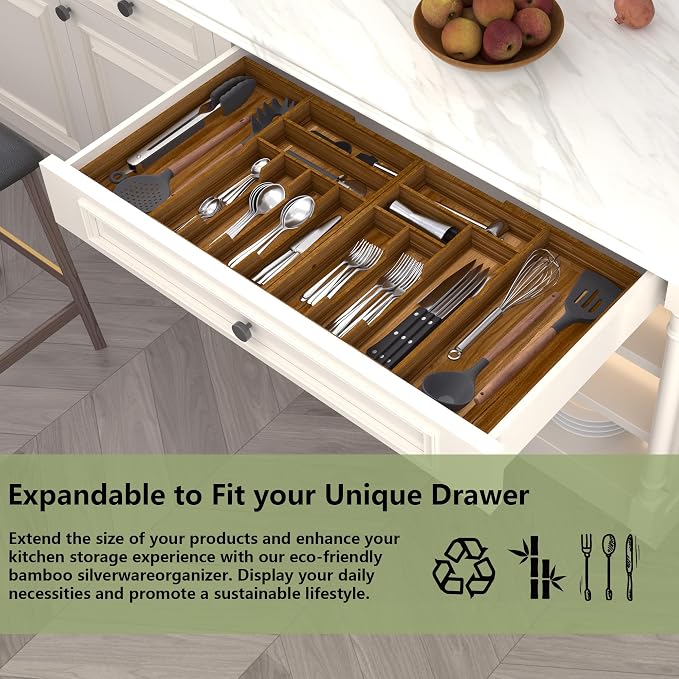 Suli Large Silverware Drawer Organizer, Acacia Wood Adjustable Kitchen Flatware for Forks Knives and Spoons, Cutlery Utensil Holder, Expandable from 22in-37in
