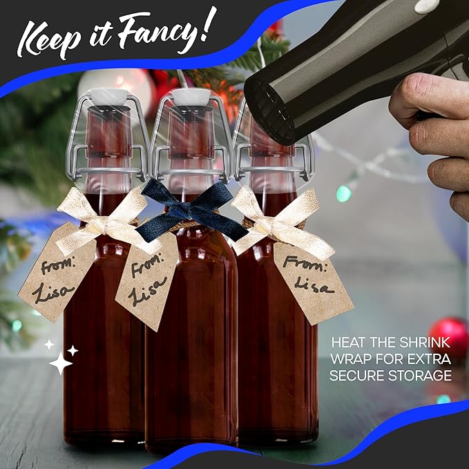 Nevlers 8.5 Oz Amber Swing Top Glass Bottles with Airtight Lid | Small Beer Bottle 12 Pack | Flip Top Glass Bottle Set with Funnel, Brush, Marker, Tags & Shrink Wrap | Homemade Vanilla Extract Bottles