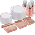 Goodluck 300 Pieces Rose Gold Disposable Plates for 50 Guests, Plastic Plates for Party, Wedding, Dinnerware Set of 50 Dinner Plate, 50 Salad Plates, 50 Spoons, 50 Forks, 50 Knives, 50 Cups