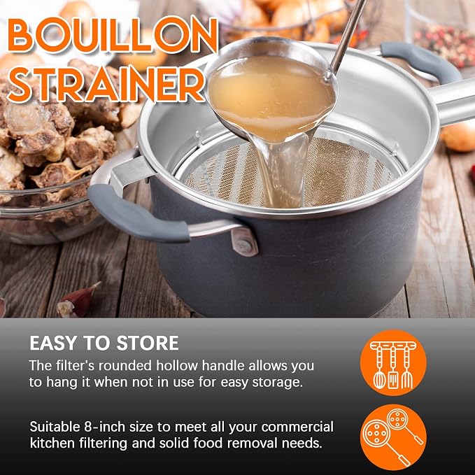SiliFine 10 Inch Stainless Steel Reinforced Bouillon Sieve Strainer Cone Fine Mesh Strainer with Handle and Rubber Pestle for Kitchen Food Cooking