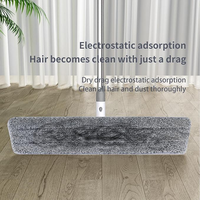 Flat Microfiber Mop for Floor Cleaning, 18 inch (17.7 in/45 cm) Aluminum Base, Adjustable Stainless Steel Handle 29.5 to 52 in, 360-Degree Swivel, Dry & Wet, 4 Washable Pads - LJGG