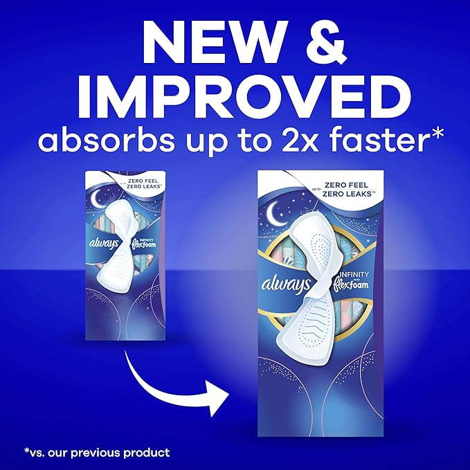 Always Infinity Feminine Pads for Women, Flexfoam Pads with Wings, Size 4, Overnight Absorbency, Unscented, 78 Count (3 Packs of 26)