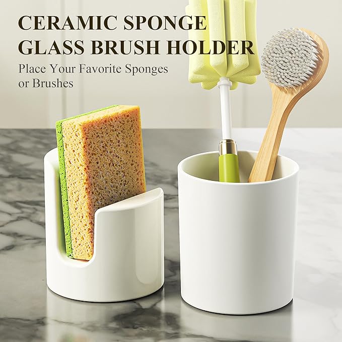 Cisily Kitchen Soap Dispenser Set Comes with Ceramics Sponge Holder, Gold Pumps, and Instant Dry Tray, Hand and Dish Soap Dispenser Set (5, Gold + White + Brush Holder + Sponge Holder)