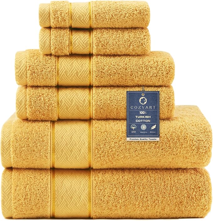 COZYART Bath Towel Set 6 PCS, Luxury Gold 100% Turkish Cotton 650GSM Soft | Absorbent Quick Dry, OEKO‑Tex 100 Cert. Zero Twist Ring Spun Cotton, Plush Fluffy, Breathable Hotel Quality Bathroom Towels