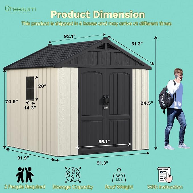 Greesum 8x8FT Plastic Shed, Easy-to-Assemble Resin Shed for Yard, Beige | 35% Fewer Screws for Fast Setup | Eco-Friendly HDPE | Kick-it Easy Assembly | Lockable Door with Adjustable Windows