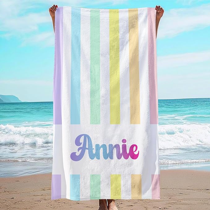 JML Personalized Beach Towel with Name, Custom Rainbow Cabana Stripe Beach Towel, Customized Microfiber Pool Towel, Quick Dry & Absorbent Swim Towel for Adult,Anniversary, Birthday, Summer Holiday
