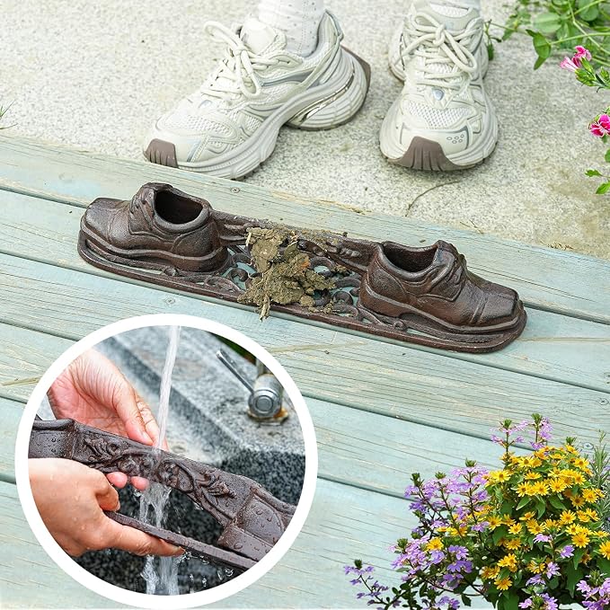 Sungmor Vintage Cast Iron Boot Scraper,Heavy Duty Rustic Brown Shoes Boot Cleaner,Farmhouse Front Door Shoe Scrubber Mat,Decorative Garden Mud Cleaner