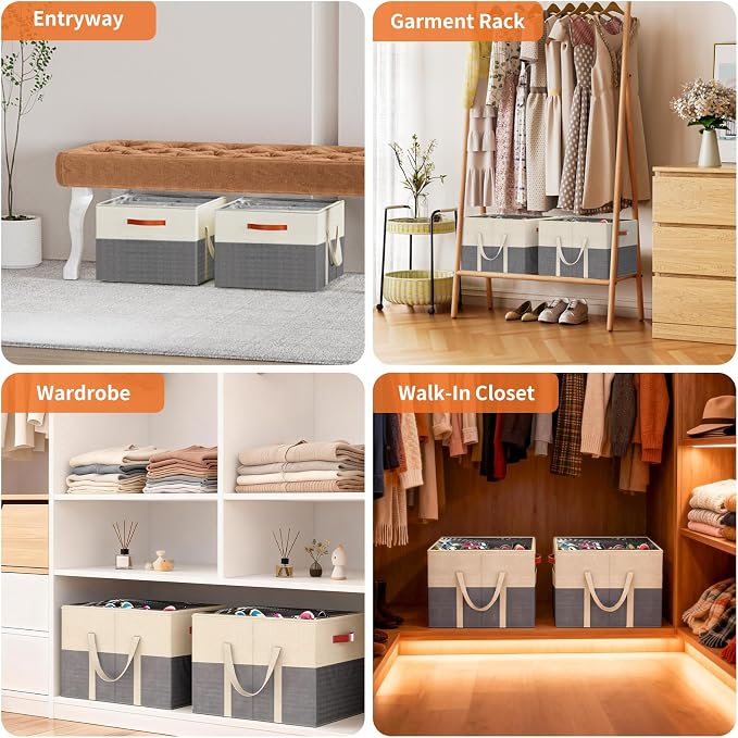 2 Pack Shoe Organizer for Closet, Stackable Shoe Storage Box, Beige & Grey | Fits up to 32 Pairs, Space Saving, Foldable, Shoes Organizer Bin with Clear Cover, 4 Reinforced Handles