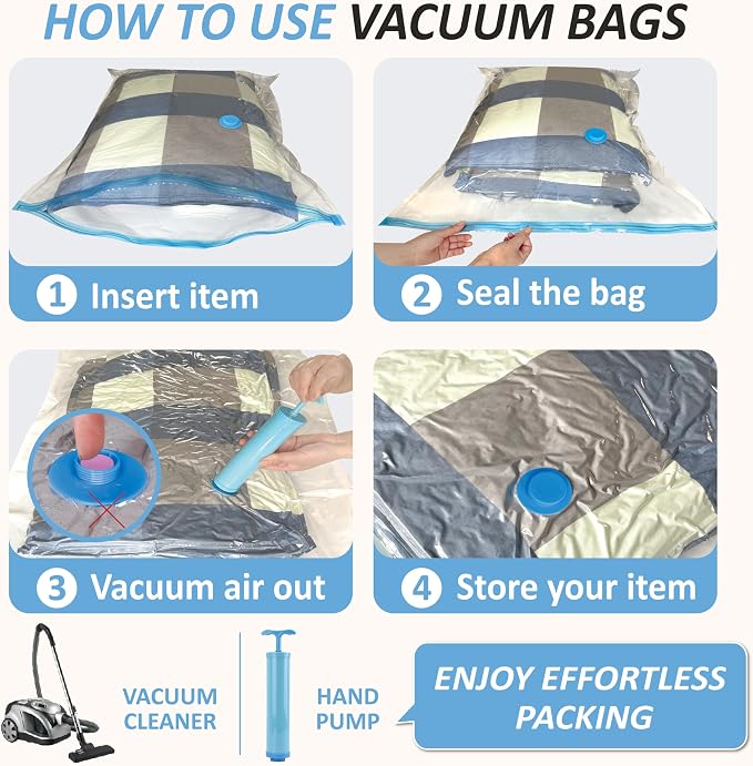 Cozy Essential Vacuum Storage Bags, 80% Compression Vacuum Seal Space Saver Plastic Packaging Bags for Clothes, Blankets, Pillow, Bedding, Comforters, Sealer Clothing Storage,12 Large