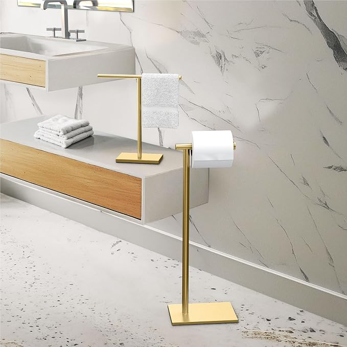 Gatco 1431B Freestanding Toilet Paper Holder Stand, Modern Bathroom Toilet Tissue Holder with Weighted Rectangle Base, Brushed Brass Finish, 22.25 Inch