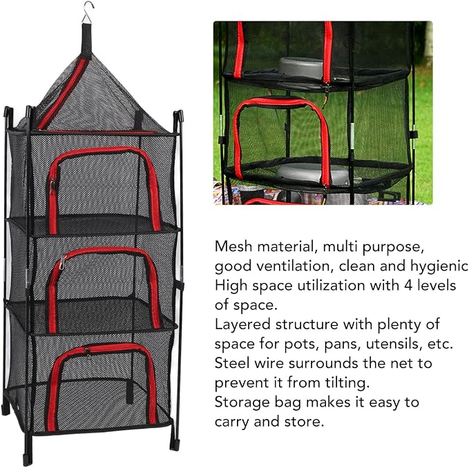 GOWENIC 4 Layer Hanging Drying Mesh Foldable Net Rack for Clothes Fish Heavy Duty Thickened Material, Space Saving Hanging Dryer for Travel Camping (Red)