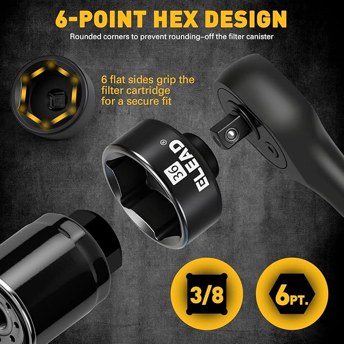 ELEAD 36 mm Oil Filter Socket Wrench, 3/8'' Drive 6-Point Oil-Filter Removal Tool, Metric Oil Filter Wrenches, Low Profile Design for Easy Removal, Chrome Vanadium Steel Oil-Change Tool