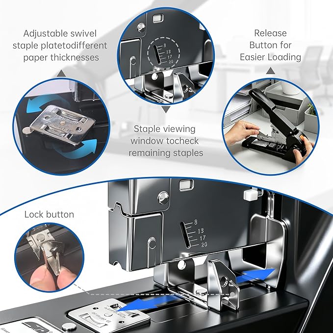 Heavy Duty Stapler, 220 Sheet Effortless Stapler for Desk, 60% Reduced Effort, Jam Free, Adjustable Paper Depth & Guide, Metal Desktop Stapler for Office & Classroom, 50,000+ Uses.