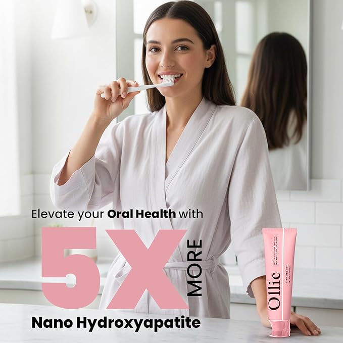 Ollie Fluoride Free 10% Nano Hydroxyapatite Toothpaste, Strawberry, 4oz | Rod-Shaped Nano HAP, Remineralizes Enamel, Reduces Sensitivity, Reverses Small Cavities, Naturally Whitens Teeth, (Pack of 2)