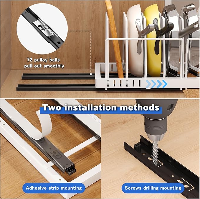 Mustorn Pots and Pans Organizer Under Cabinet, 21.6" Deep Pull Out Pot Lid Organizer Holder with Guardrail Adhesive Pot and Pan Holder Rack with 10 Adjustable Dividers-1 Pack(White)