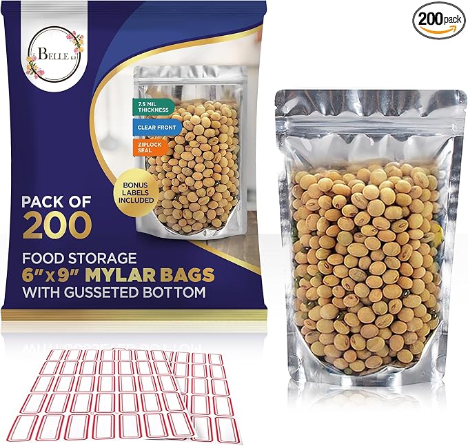 BELLE KR® 6x9 Quart Mylar Bags for Food Storage - 7.5mil Thick - Pack Of 200 - Stand Up Clear Front Mylar Bags with See Through Window - Resealable