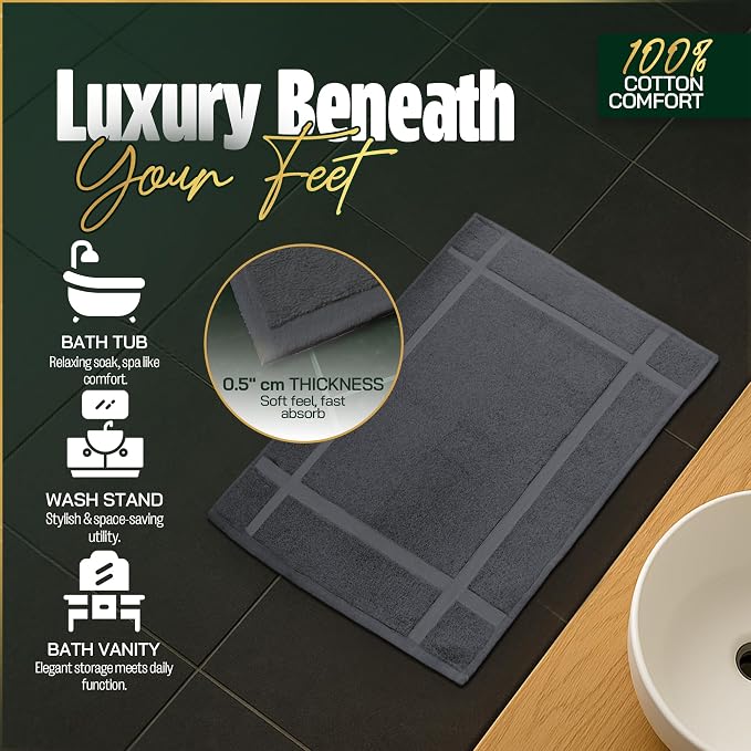 Pearl Linens 100% Ring Spun Cotton Bath Mat (Pack of 2) 18 x 25 Inch, Washable, Soft & Absorbent Terry Bathroom Floor Mat – Not Bathroom Rugs – Quick-Dry After Shower Bath Mat, 781 GSM, Dark Grey