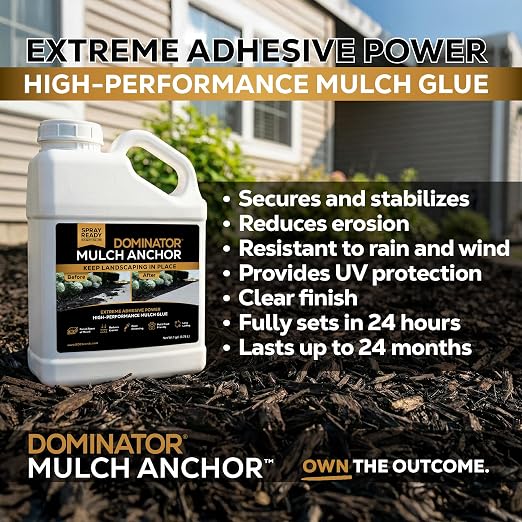 DOMINATOR Mulch Anchor 64oz - Mulch Glue for Landscaping | Mulch Glue Spray for Rubber Mulch, Wood Chips, Pine Straw, Cedar & Cypress | Ready to Spray Heavy Duty Landscape Glue
