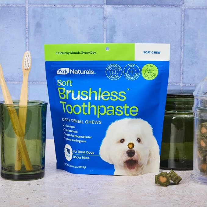 Ark Naturals Soft Brushless Toothpaste Dental Chews - Small Breeds (70 ct) | Vet Formulated Soft-Baked Dog Dental Chew with Toothpaste Center – Freshens Breath, Reduces Plaque & Tartar
