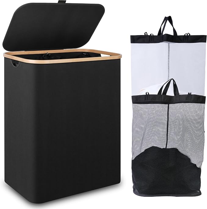 iEGrow 150L Laundry Basket with Lid,Large Laundry Hamper with Bamboo Handles, Hampers for Laundry, Dirty Clothes Hamper with 2 Removable Inner Bags for Clothes Towels,Black