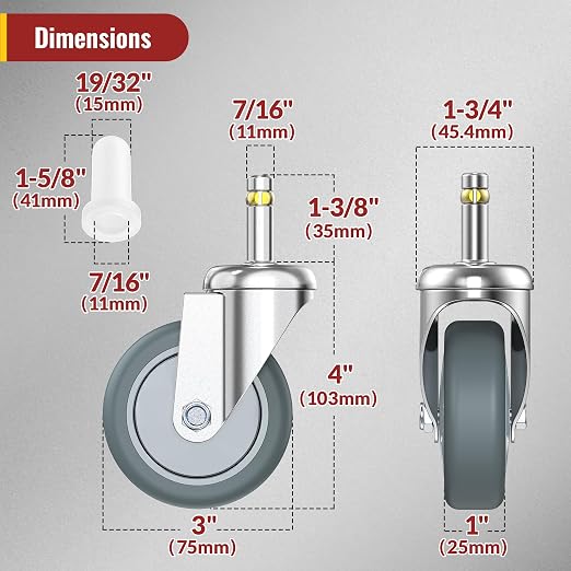 HOLKIE Stem Caster Wheels 3 inch Casters Set of 8, 7/16-Inch Stem Diameter Swivel Castors Heavy Duty TPR Rubber Replacement Castor for Cart, Stool, Mop Bucket, Grill, Shop Vac