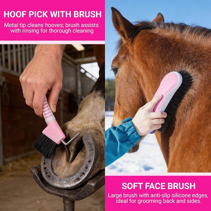Horse Grooming Kit, 14-in-1 Professional Horse Brush Supplies Set for Grooming & Care, with Horse Brushes, Curry Comb, Hoof Pick & Waterproof Storage Tote Bag for Shining, Detangling, Massaging(Pink)