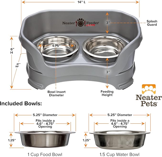 Neater Pet Brands Neater Feeder Deluxe Mess Proof Cat Bowls Elevated, Made in USA, No Spill Raised Bowls for Indoor Cats, Stainless Steel Food and Water Bowl Set, Pet Dish Feeding Station, Gunmetal