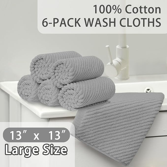 VOOVA & MOVAS Washcloths 6PC, 100% Cotton, 13x13 in, Gray | Thick, Quick Dry, Soft, Absorbent, Small Hand Towels For Face, Towel Gift Set, Ideal For Home, Travel, Gym