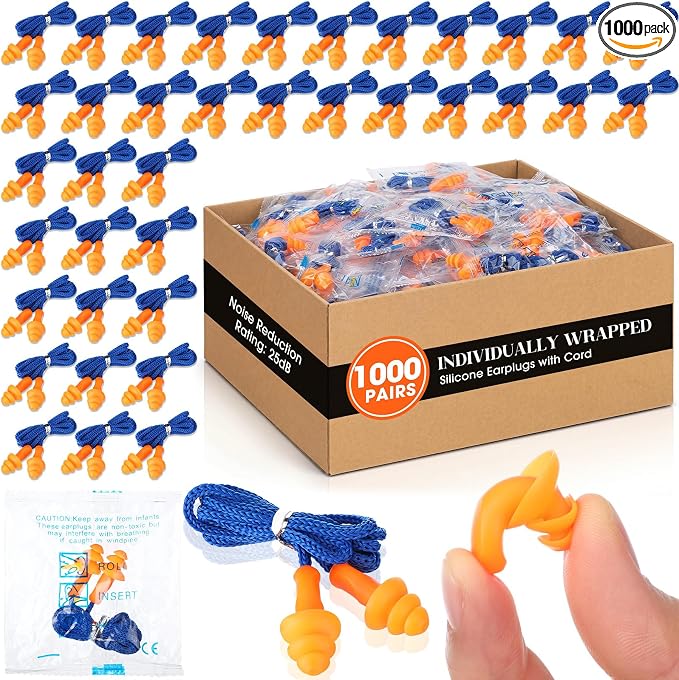 Relaxweex 1000 Pairs Corded Ear Plugs Bulk 25dB NRR Reusable Silicone Ear Plug with String Individually Wrapped Earplugs for Sleeping Noise Reduction Hearing Protection Shooting Construction Work