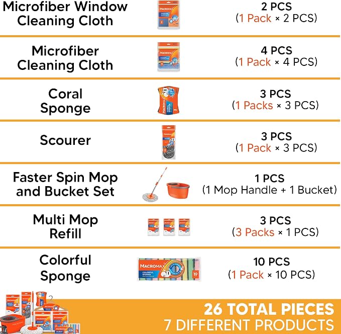 Home Cleaning Kit with Faster Spin Mop Bucket Refills Cloths Sponges Scourers Household Supplies Set