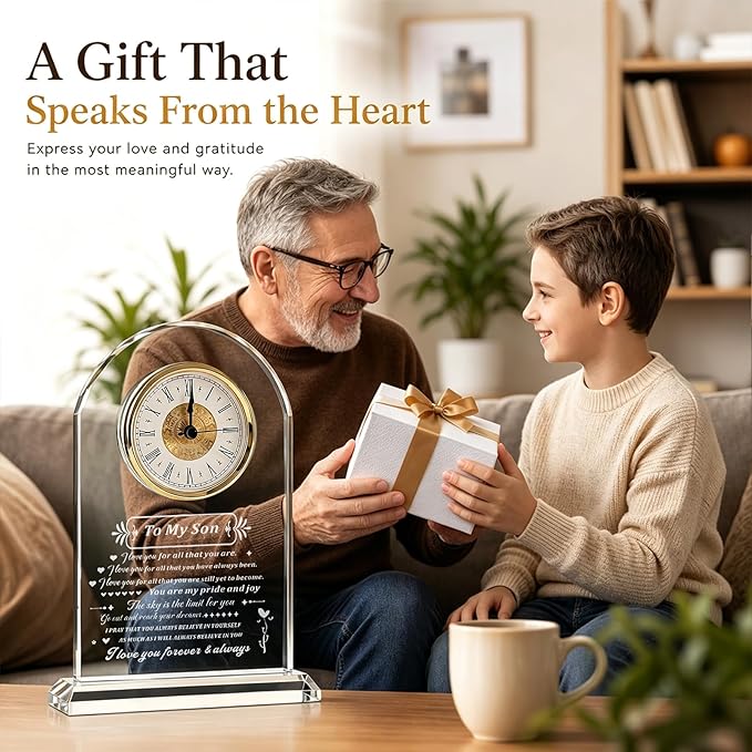 to My Son Gift from Mom or Dad, Birthday Graduation Christmas for Son Adult Present, Laser Engraving Glass Clock Gift (Battery not Included) (Son Gifts)