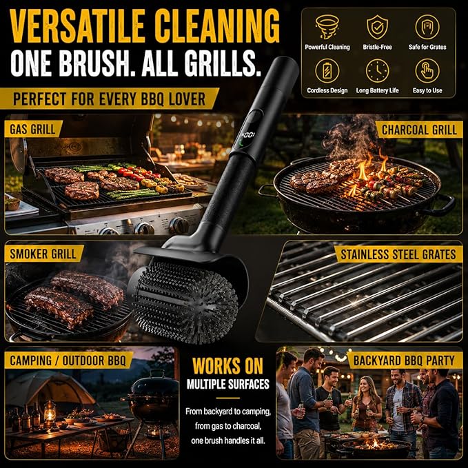 Electric Grill Brush for Outdoor Grill, Cordless Rechargeable BBQ Cleaner, Upgraded Giddyup Style 2-Speed Rotary Barbecue Scrubber, High Torque Battery Operated Power Grill Cleaning Brush