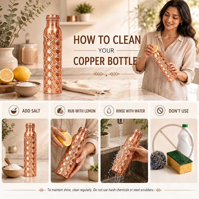 Copper Water Bottle,Ayurvedic Pure Copper Bottle For Drinking - Drink More Water, Lower Your Sugar Intake And Enjoy the Health Benefits Immediately,32 Oz(1Cleaning Brush +3 Diamond Bottle)
