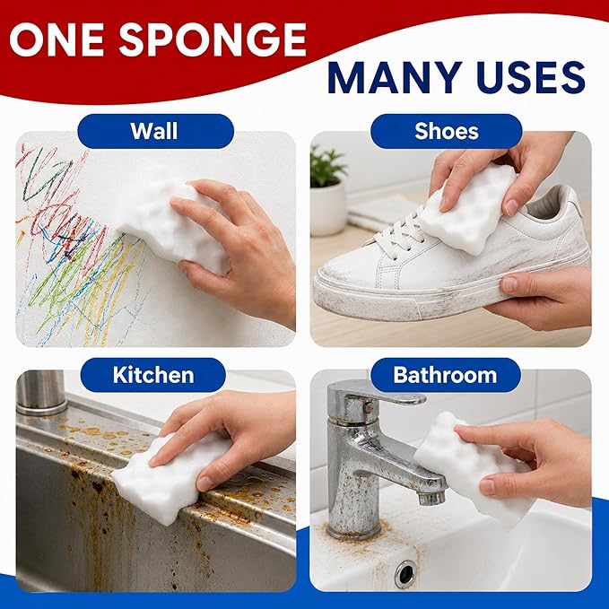 3X Density Magic Sponge Eraser, 50 Pack Melamine Sponge Cleaning Eraser Bulk, White Foam Magic Clean, Household Cleaning Sponges mr for Kitchen, Bathroom, Bathtub, Sink, Shoes & Wall Cleaner