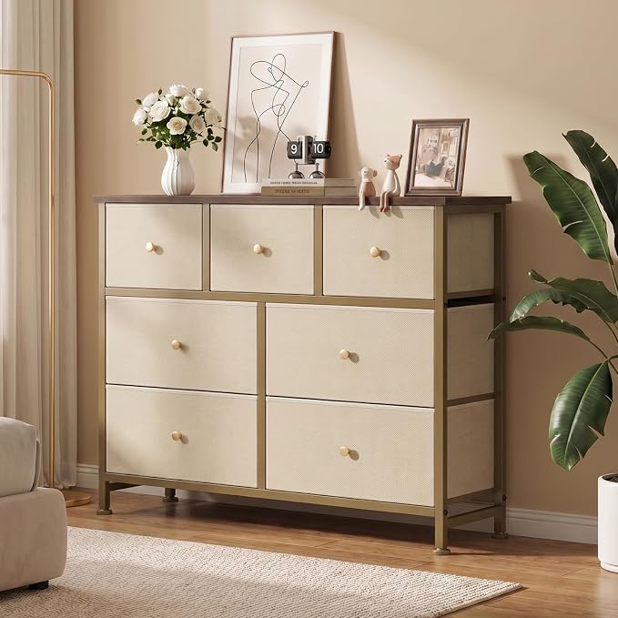 OLIXIS 7 Drawer Dresser for Bedroom, Tall Fabric Storage Tower with Sturdy Steel Frame and Wooden Top, Large Dresser for Living Room Entryway with Easy Pull Fabric Bins,Khaki