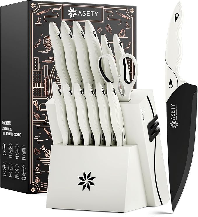 ASETY Kitchen Knife Set with Block 15 PCS, Dishwasher Safe Kitchen Knives | Ultra Sharp Knife block Set, High-carbon Stainless Steel, Chef Knife Set with Built-in Sharpener, Ergonomic handles, Ivory