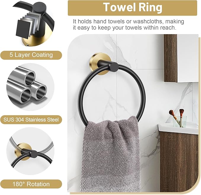Black Gold Bathroom Hardware Set, 4-Piece Towel Holder Set Include Double Bases Toilet Paper Holder,Towel Ring and 2 Towel Hooks Stainless Steel Wall Mounted Bathroom Hardware Accessories Set