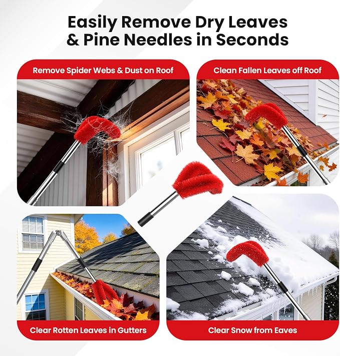 12 FT Gutter Cleaning Tools for Outdoor - Gutter Cleaner Pole with Shovel & Brush for Roof Rain Gutters, Cleans Leaves, Branches & Debris - No Ladder Needed (Red)