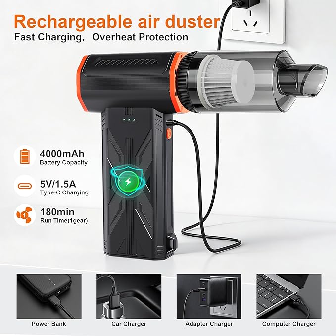 F32MAX Compressed Air Duster-150,000RPM Super Power Electric Air Duster and Vacuum Cleaner & Bag Vacuum Sealer 3-in-1，for PC Keyboard Cleaning, Car Interior Cleaning.