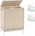 SETVSON Laundry Hamper with Lid, Wicker Laundry Basket, 112 L, Light Khaki | Handwoven PE Rattan, 2 Removable Liner Bags, Metal Heightened Feet, 6 Mesh Bags, Clothes Hamper for Bathroom Bedroom