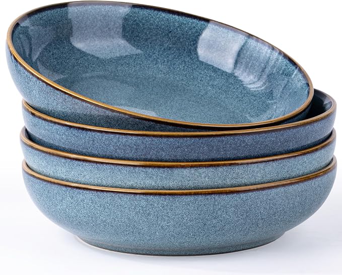 AmorArc 8.5'' Large Ceramic Pasta Bowls, 36oz Stoneware Pasta Serving Bowls Set of 4 for Kitchen, Wide Bowls for Pasta,Salad,Oatmeal, Microwave Safe, Reactive Glaze-Blue