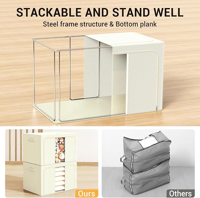 Clothes Storage Bins with Metal Frame, Foldable Clothes Organizers Storage Containers for Clothes, Sheets, Blankets, Pillows and Towels (66L, 3 Pack) Beige