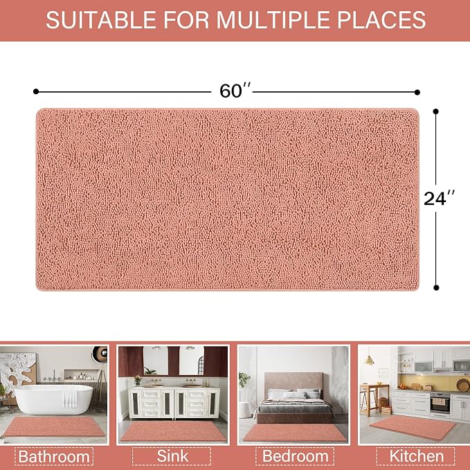LOCHAS Luxury Bathroom Rug Shaggy Bath Mat 24 x 60 Inch, Pink | Washable Non Slip Bath Rugs for Bathroom Shower, Soft Plush Chenille Absorbent Carpets