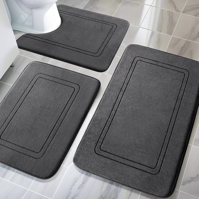 YIHOUSE Memory Foam Bath Mat Set, Non Slip Bath Mats for Bathroom, Super Soft and Water Absorbent Bath Rug Set, Machine Washable U Shape Toilet Mats, Dark Grey